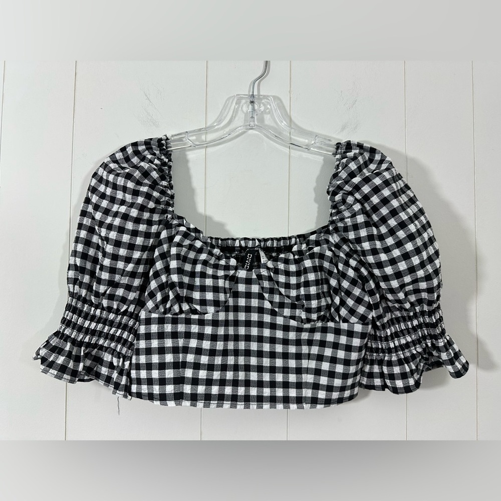 DIVIDED By H&M Women’s Black-White Checkered Sweetheart Neck Puff Crop Top Sz XS